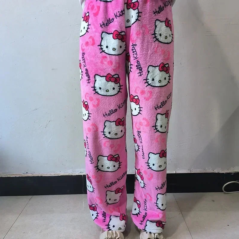 Calça de Pijama Feminina – Fleece Coral Macio com Estampa Hello Kitty e Personagens