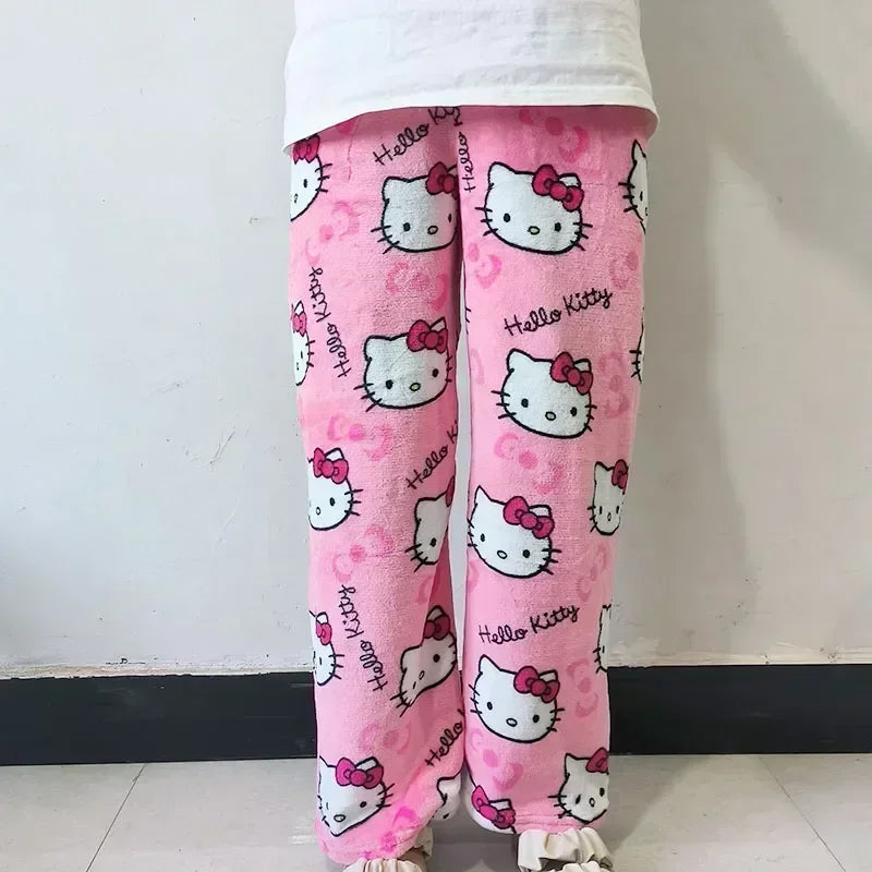 Calça de Pijama Feminina – Fleece Coral Macio com Estampa Hello Kitty e Personagens