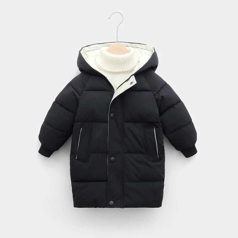 Casaco Infantil Longo de Inverno com Capuz – Unissex, Forrado e Super Quentinho
