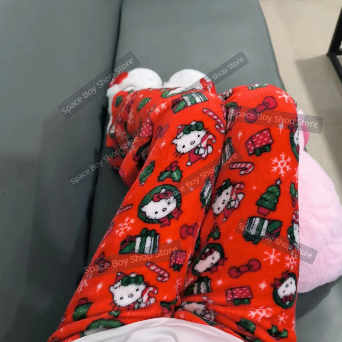 Calça de Pijama Feminina – Fleece Coral Macio com Estampa Hello Kitty e Personagens
