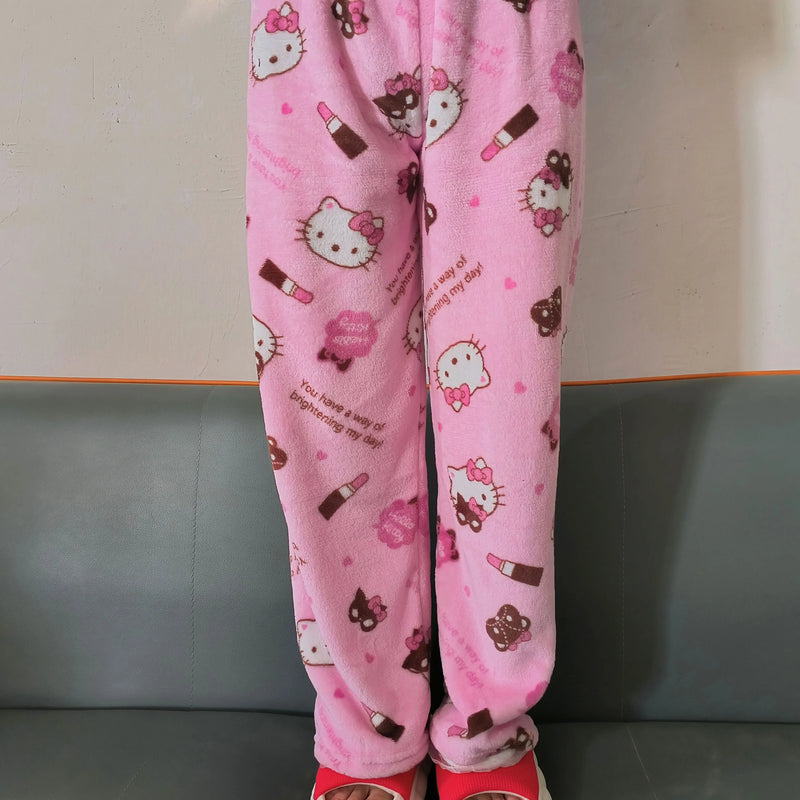 Calça de Pijama Feminina – Fleece Coral Macio com Estampa Hello Kitty e Personagens
