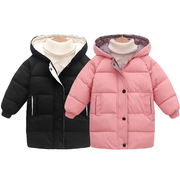 Casaco Infantil Longo de Inverno com Capuz – Unissex, Forrado e Super Quentinho