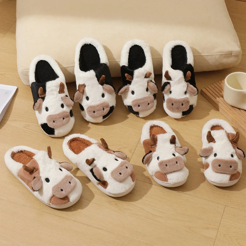 Pantufa de Inverno Unissex em Pelúcia – Estampa de Vaquinha, Antiderrapante e Macia