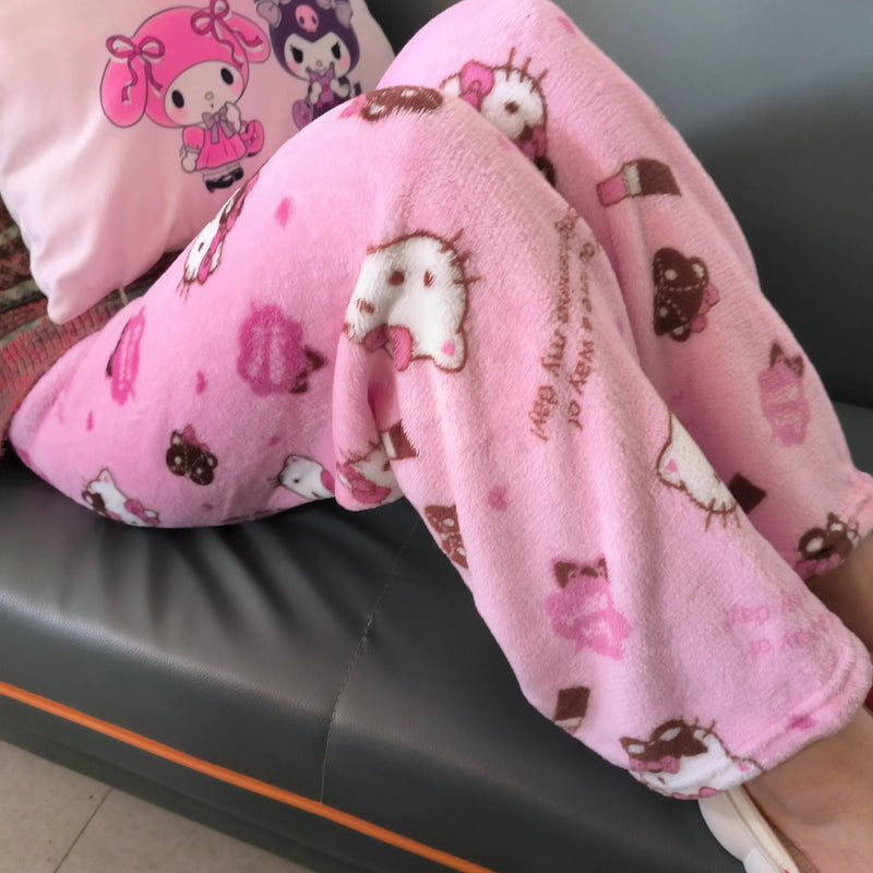 Calça de Pijama Feminina – Fleece Coral Macio com Estampa Hello Kitty e Personagens
